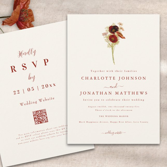 Simple Boho Wildflower Fall Wedding Invitation (Minimalist boho wildflower fall wedding qr code invitation )