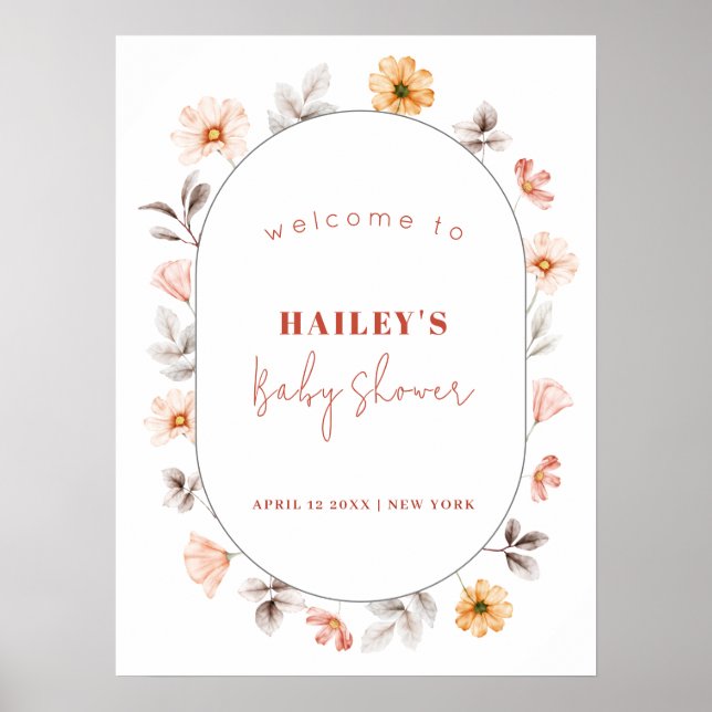 Simple Boho Wildflower Frame Welcome Baby Shower  Poster (Front)