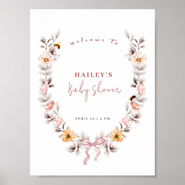 Simple Boho Wildflower Wreath Welcome Baby Shower  Poster (Front)