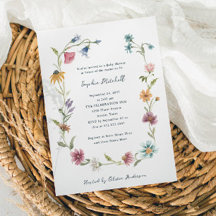 Simple Boho Wildflowers Wreath   Baby Shower Invitation