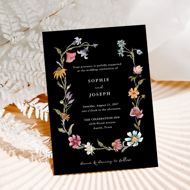 Simple Boho Wildflowers Wreath | Black Wedding Invitation (Creator Uploaded)