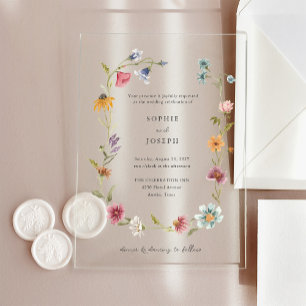 Simple Boho Wildflowers Wreath   Wedding Acrylic Invitations