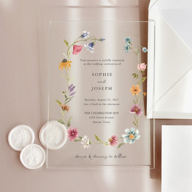 Simple Boho Wildflowers Wreath | Wedding Acrylic Invitations (Creator Uploaded)
