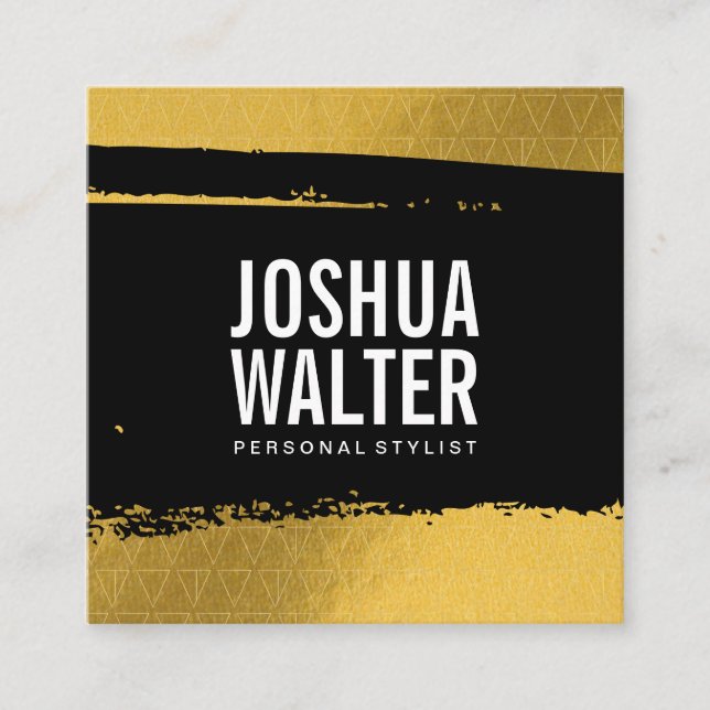 Simple Bold Black Brushed Gold Triangle Pattern Square Business Card (Front)