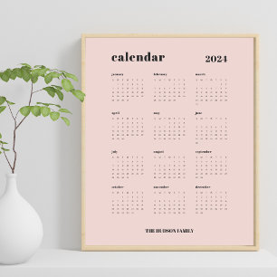 SImple Bold Dusty Pink and Black 2024 Calendar Poster