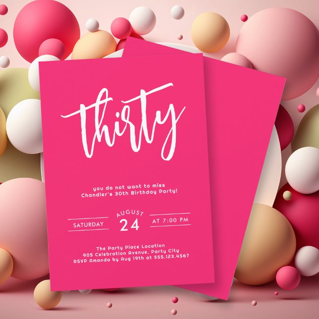 Simple Bold Hot Pink 30th Birthday Party Invitation (Get the party started with this bright bold hot pink birthday party invitation. 
)