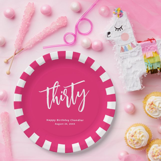 Simple Bold Hot Pink and White 30th Birthday Party Paper Plate (Party)