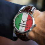 Simple Bold Italian Flag Personalised  Watch<br><div class="desc">A watch that proudly showcases the green, white, and red hues of the Italian flag, with clearly marked numbers ensuring easy readability. What sets this timepiece apart is its bold black type for personalisation, allowing customers use names, dates, or sentiments of significance. The watch comes in a variety of styles,...</div>