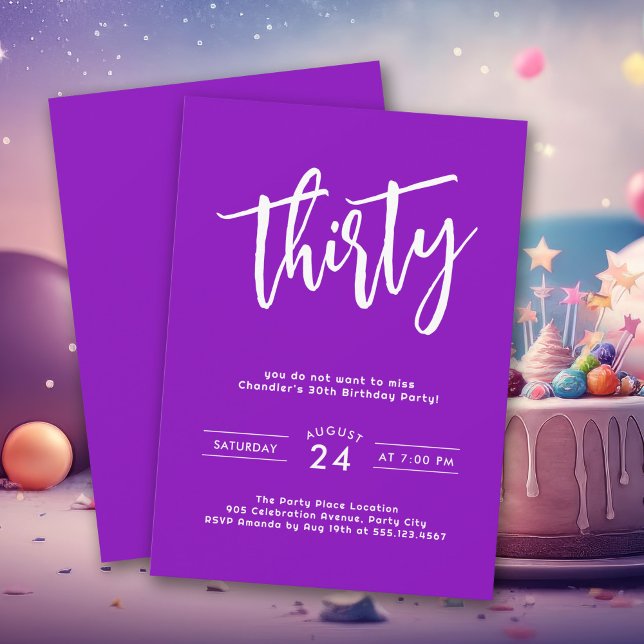 Simple Bold Purple Colourful 30th Birthday Party Invitation (Celebrate thirty with pizzazz with this colorful birthday party invitation.)