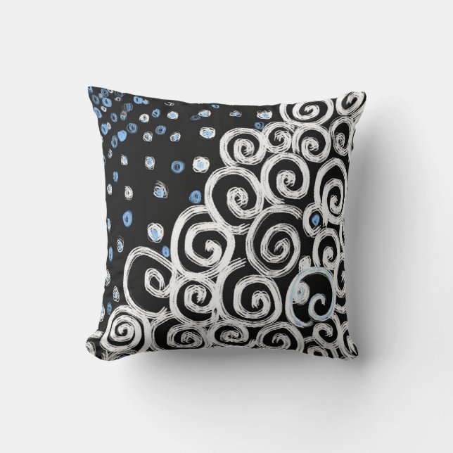 Simple bold white swirls on black linear design cushion (Front)