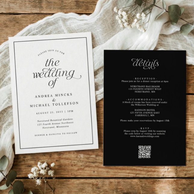 Simple Border Black and White All in One Wedding Invitation (Elegant black and white wedding invitation with calligraphy, simple border, and QR code.)
