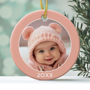 Simple Border with Photo and Year Coral Pink Girl Ceramic Tree Decoration
