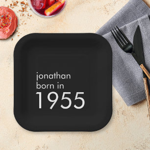 Simple Born in 1955 70th Birthday Party Black Paper Plate