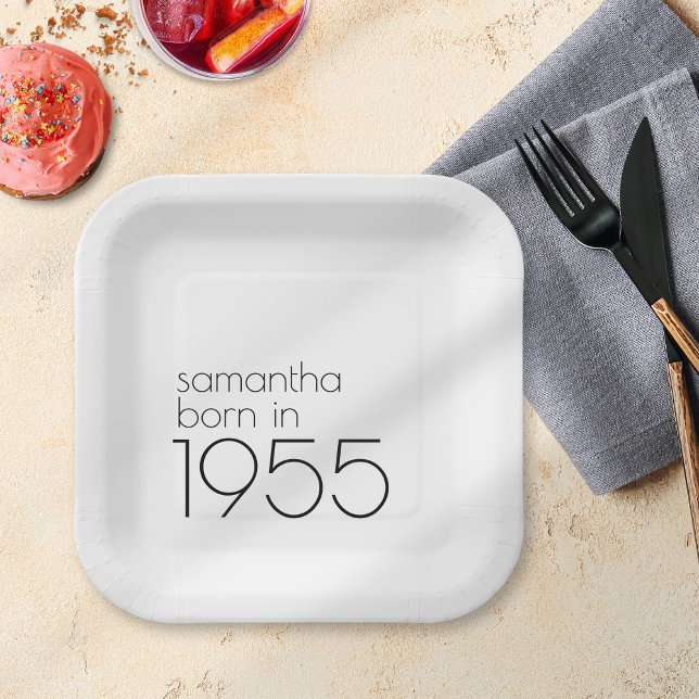 Simple Born in 1955 Black 70th Birthday Party Paper Plate (Creator Uploaded)