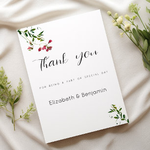 Simple botanic pink red green flowers Thank You Invitation