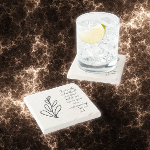 Simple Botanical Black and White Bible Verse   Stone Coaster