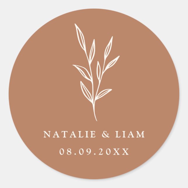 Simple Botanical Burnt Orange Wedding Classic Roun Round Sticker (Front)