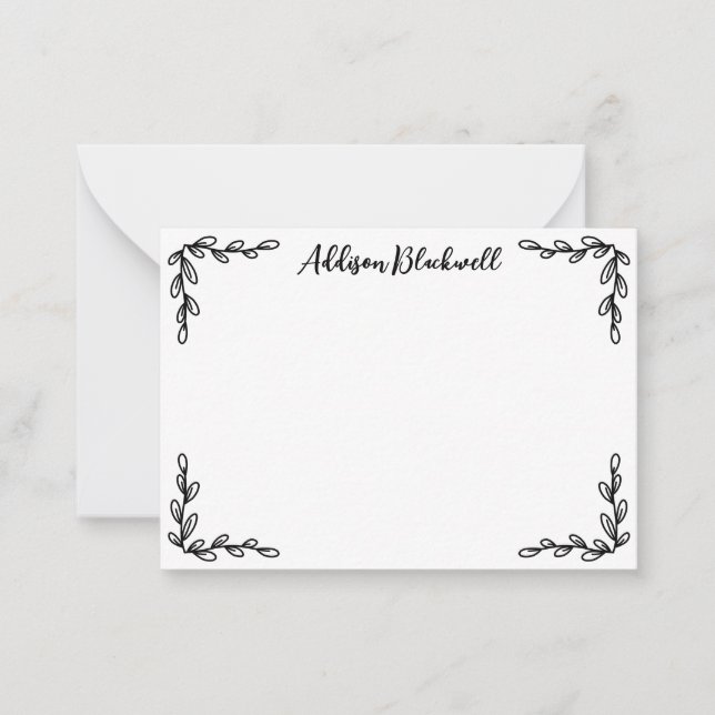 Simple Botanical Corners Template Name Note Card (Front)