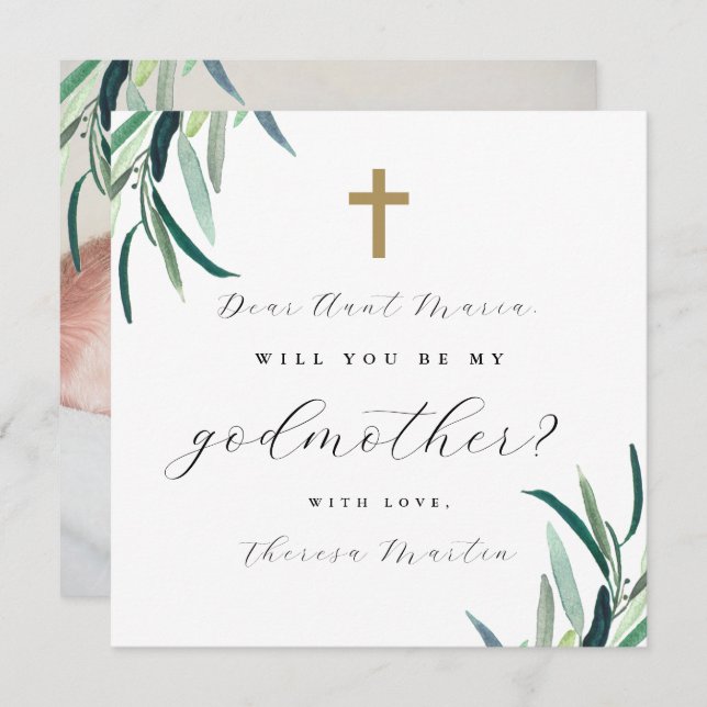 Simple Botanical Cross Godmother Proposal Photo Invitation (Front/Back)