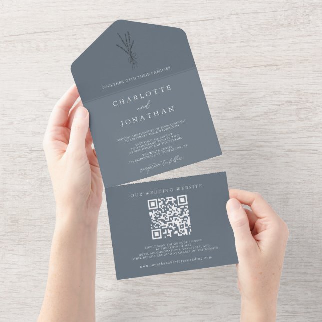 Simple Botanical Dusty Blue Wedding All In One Invitation (Tearaway)