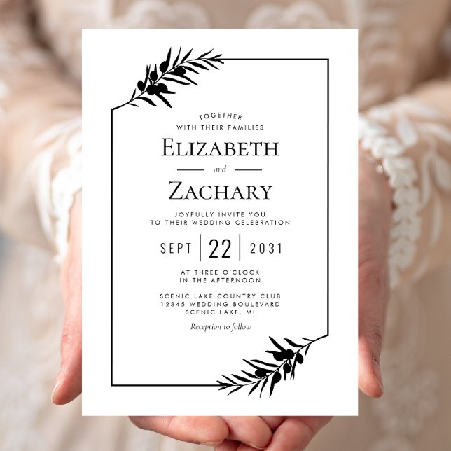 Simple Botanical Frame Black and White Wedding Invitation (Creator Uploaded)