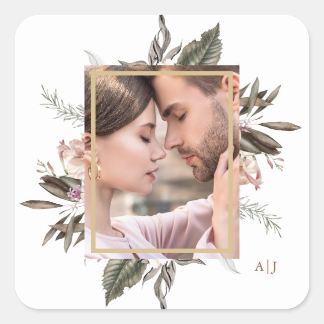 Simple Botanical Frame Photo with Monogram Square  Sticker (Front)