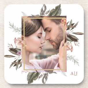 Simple Botanical Framed Photo with Monogram Coaster