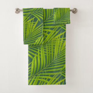 Simple Botanical Green Palm Leaves on Green Bath Towel Set