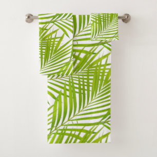 Simple Botanical Green Palm Leaves on White Bath Towel Set