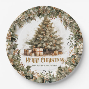 Simple botanical green wreath gold Christmas tree Paper Plate