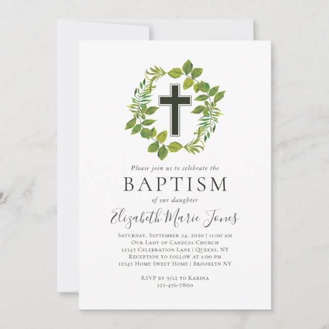 Simple Botanical Greenery Wreath Cross Baptism Invitation (Front)