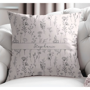 Simple Botanical Hand Drawn Floral Blush Pink Cushion
