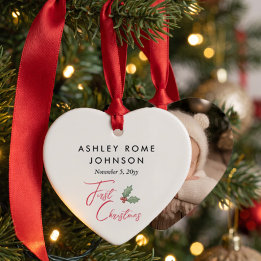 Simple Botanical Holly Baby First Christmas Photo Ceramic Tree Decoration