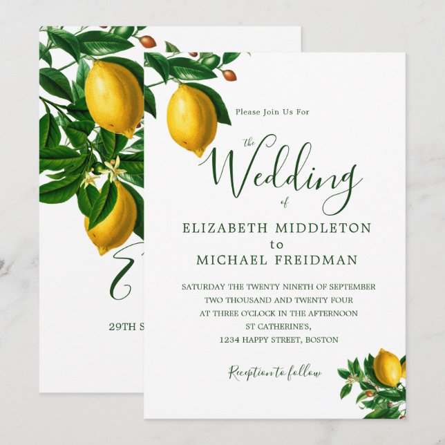 Simple Botanical Lemons Green  Monogram Elegant Invitation (Front/Back)