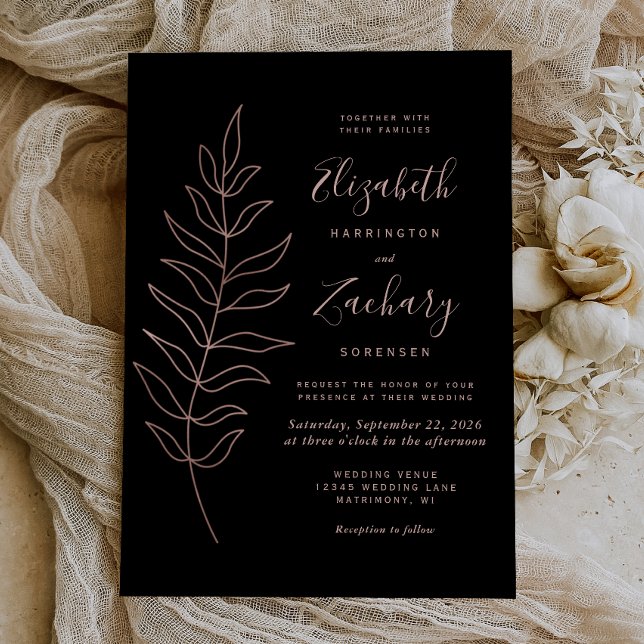 Simple Botanical Line Art Black Rose Gold Wedding Invitation (Creator Uploaded)