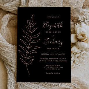Simple Botanical Line Art Black Rose Gold Wedding Invitation
