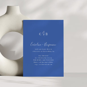 Simple Botanical Minimalist Monogram Blue Wedding Invitation