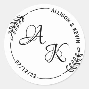 Simple Botanical Monogram Wedding Envelope Classic Round Sticker