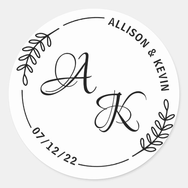 Simple Botanical Monogram Wedding Envelope Classic Round Sticker (Front)