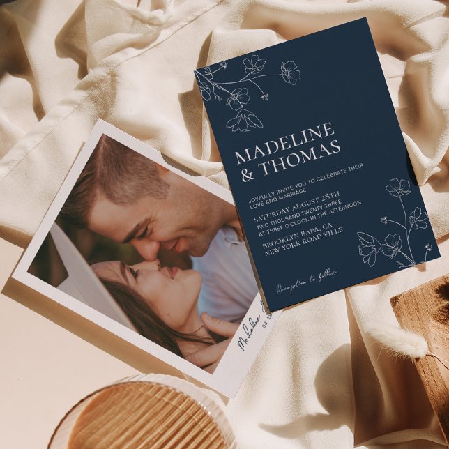 Simple Botanical Navy Blue Photo Wedding Invitation (Creator Uploaded)