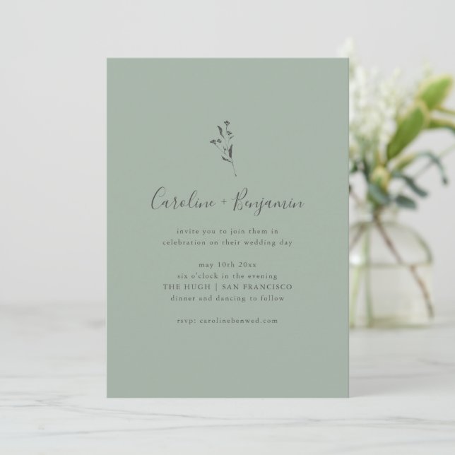 Simple Botanical Script Sage Green Boho Wedding Invitation (Standing Front)