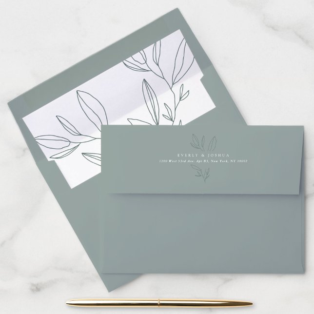 Simple Botanical Stem Green Return Address Envelope (Simple botanical stem on a soft, sage green return address envelope and liner.)