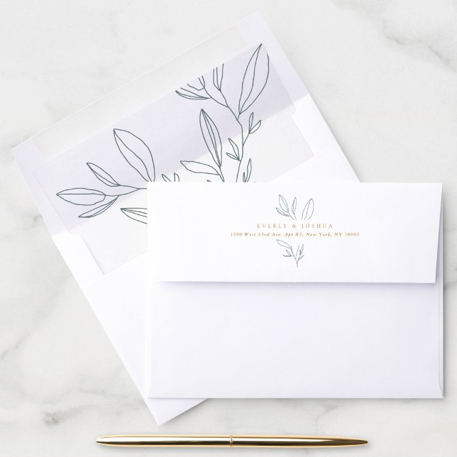 Simple Botanical Stem Return Address Envelope (Elegant hand-drawn botanical stem adorns this chic return address envelope with matching liner.)