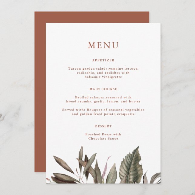 Simple Botanical Terracotta Monogram Wedding Menu (Front/Back)