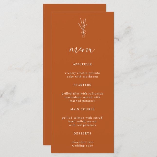 Simple Botanical Terracotta Wedding Dinner Menu (Front/Back)