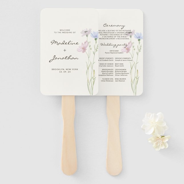 Simple Botanical Wildflower Beige Wedding Program Hand Fan (Front and Back)