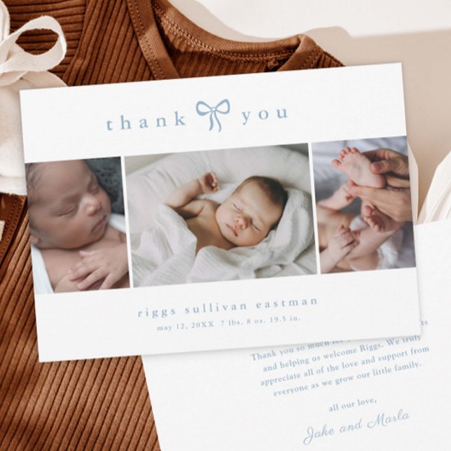 Simple Bow Boy Photo Collage Baby Announcement (Simple bow 3 photo collage baby announcement cards.)