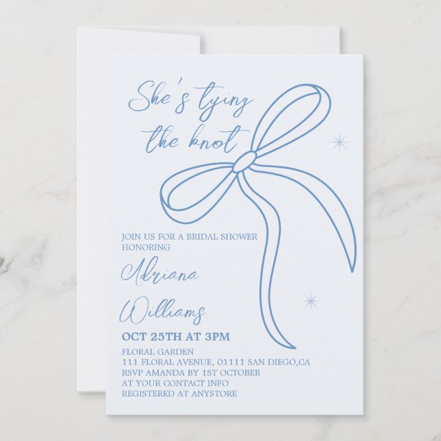 Simple Bow Bridal Shower Blue Invitation (Front)