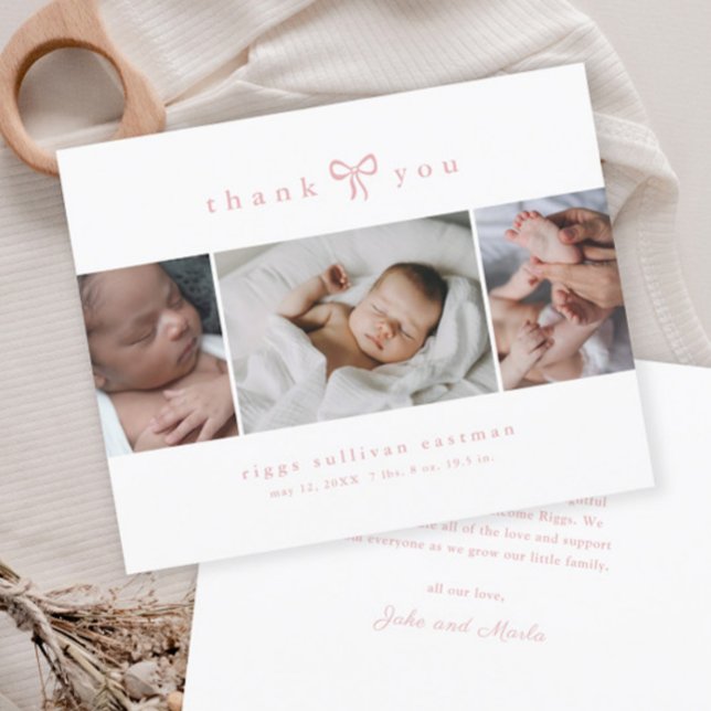 Simple Bow Girl Photo Collage Baby (Simple bow baby girl photo thank you cards.)