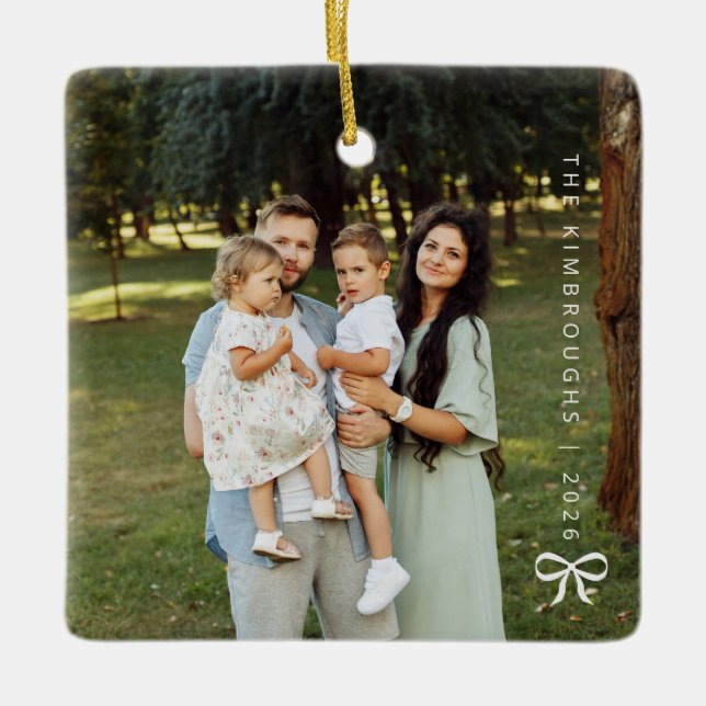 Simple Bow Personalised Family Photo Christmas Ceramic Ornament (Front)
